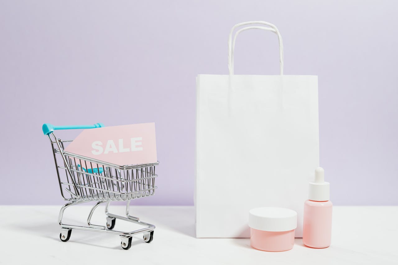 creative Aesthetic shopping scene with a white bag, cart, and cosmetics on sale.